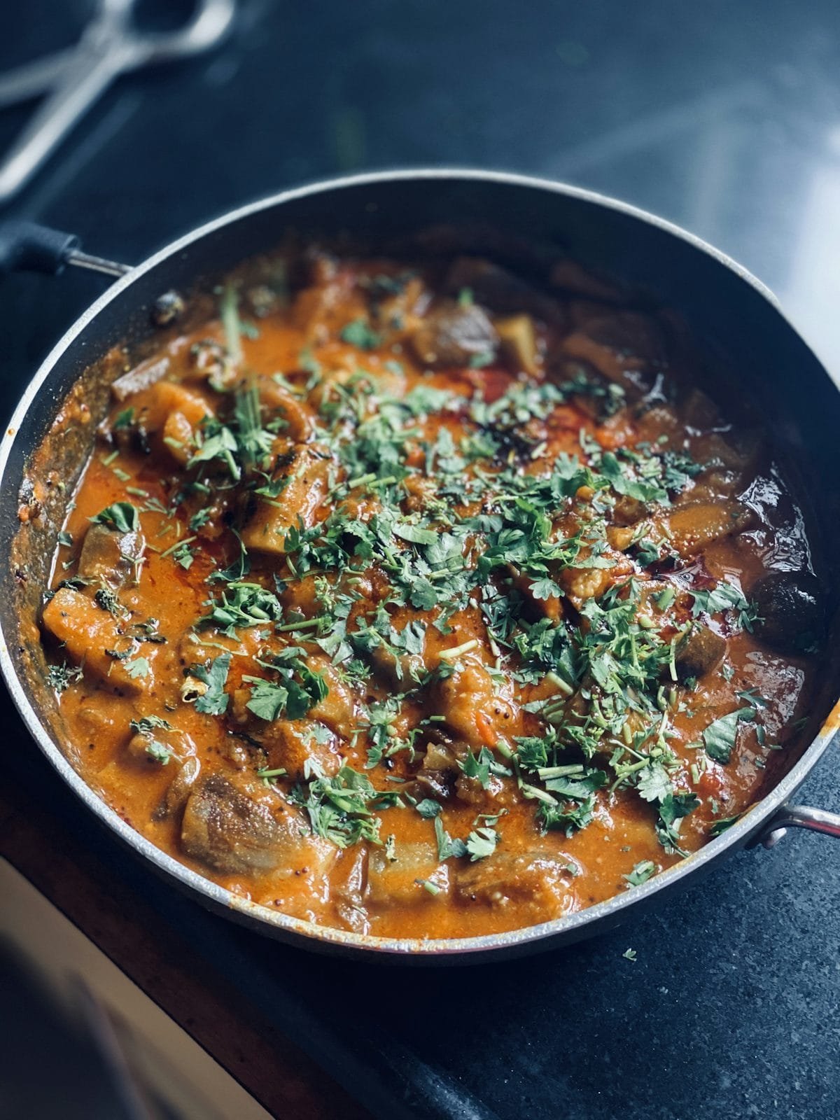 Pan of aromatic Indian curry garnished with fresh coriander and spices