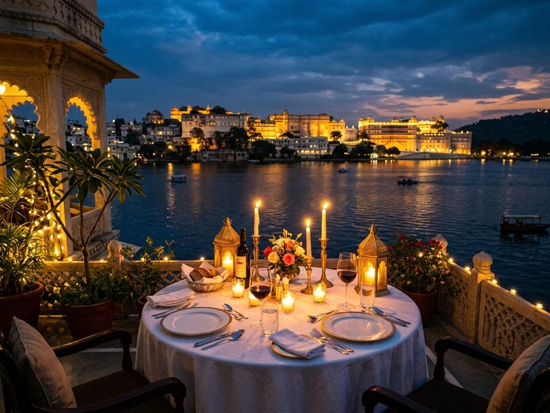 Romantic candlelit dinner table overlooking Lake Pichola and illuminated palaces in Udaipur
