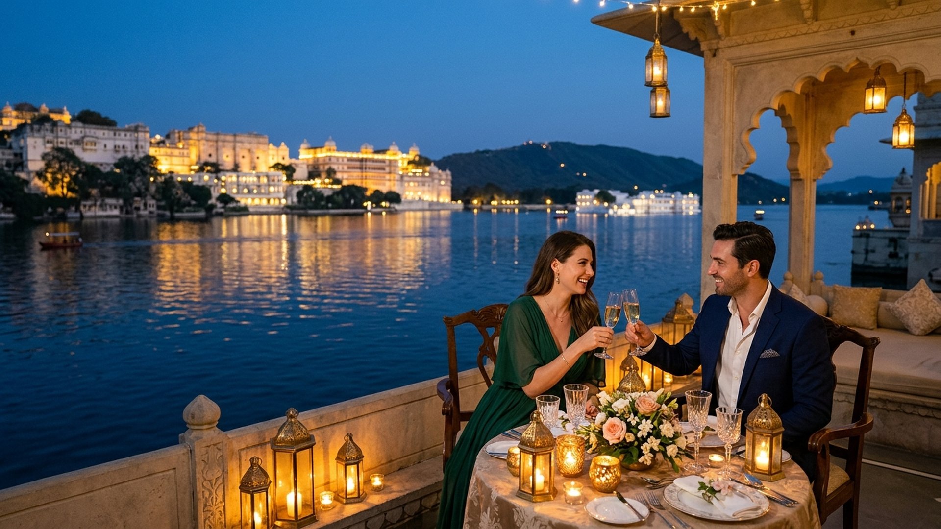 Romantic couple enjoying candlelit dinner beside Lake Pichola in Udaipur at dusk