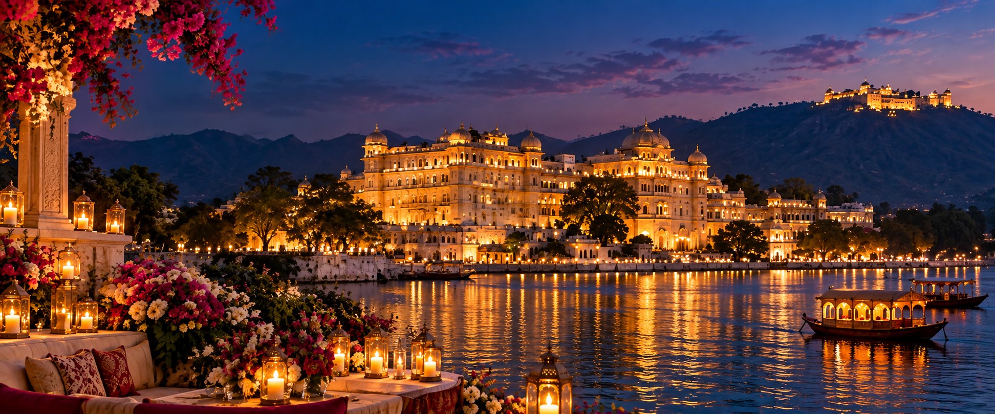 Twilight reflections over Lake Pichola and heritage palaces in Udaipur
