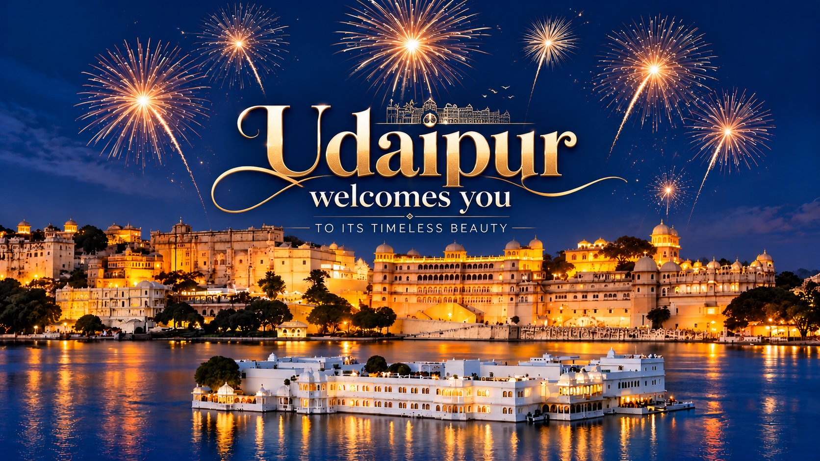 Taj Lake Palace & City Palace at Night in Udaipur